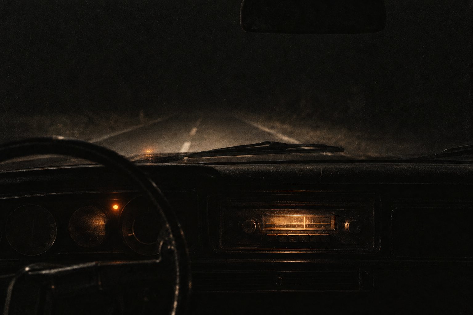 The dim dashboard of an old car at night, a single lit radio dial.