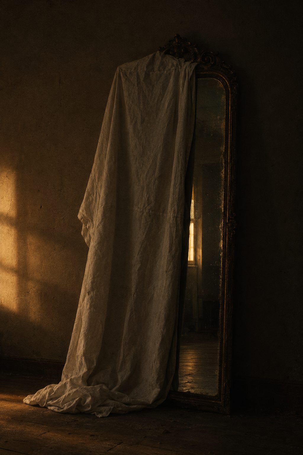 A tall old mirror with a dust sheet draped over most of the glass, one strip still reflecting.