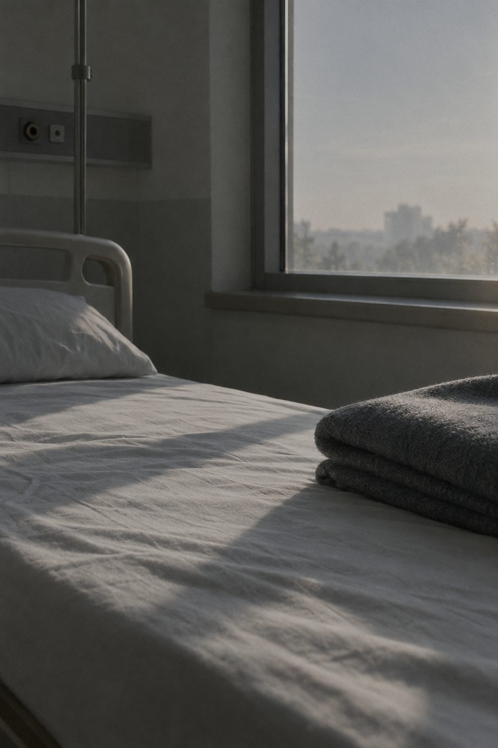 Pale morning light across an empty hospital bed and a folded blanket.