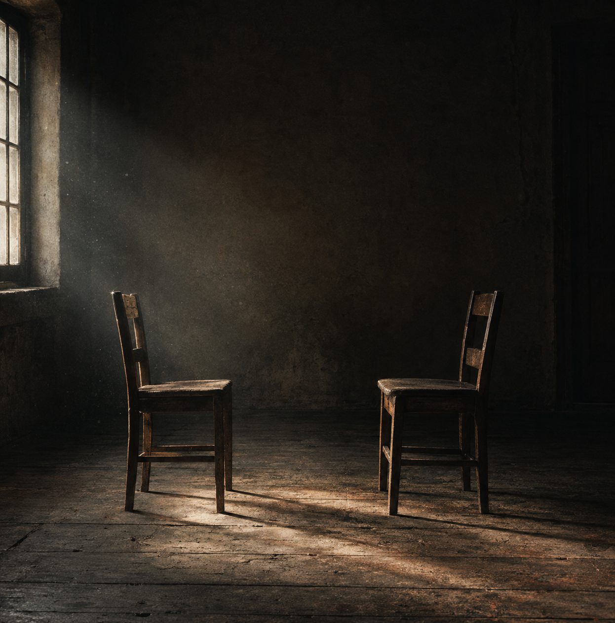 Two empty wooden chairs facing each other in a bare, dim room.