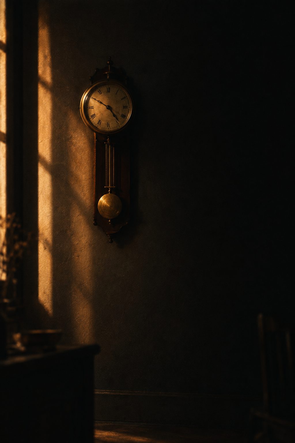 An old brass pendulum clock on a dark wall, lit by a narrow shaft of low sun.